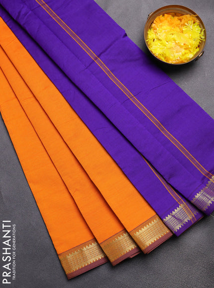 Semi silk cotton saree orange and blue with plain body and zari woven border