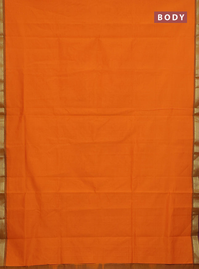 Semi silk cotton saree orange and blue with plain body and zari woven border
