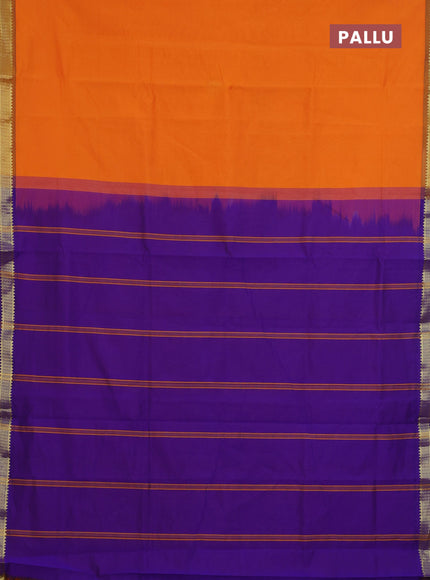 Semi silk cotton saree orange and blue with plain body and zari woven border