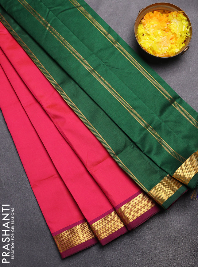 Semi silk cotton saree dual shade of pinkish orange and green with plain body and zari woven border