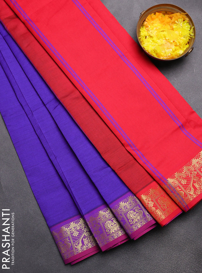 Semi silk cotton saree violet and red with plain body and zari woven border