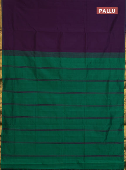 Semi silk cotton saree purple and green with plain body and zari woven border