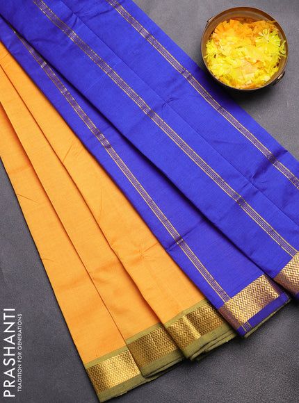 Semi silk cotton saree mango yellow and blue with plain body and zari woven border