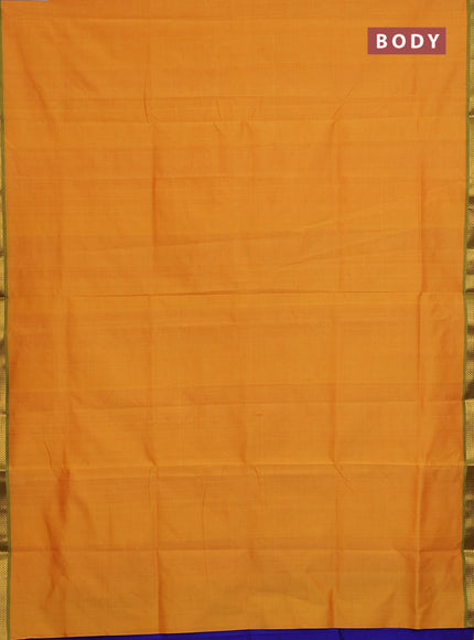 Semi silk cotton saree mango yellow and blue with plain body and zari woven border