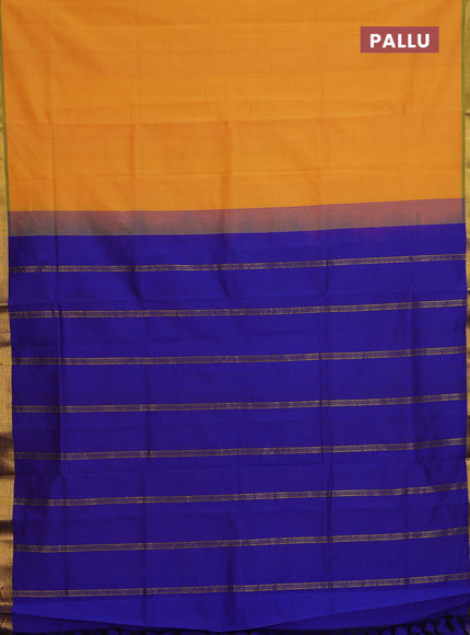 Semi silk cotton saree mango yellow and blue with plain body and zari woven border