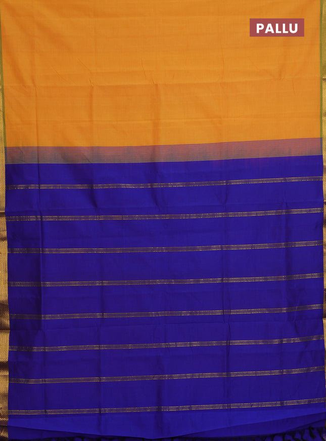 Semi silk cotton saree mango yellow and blue with plain body and zari woven border