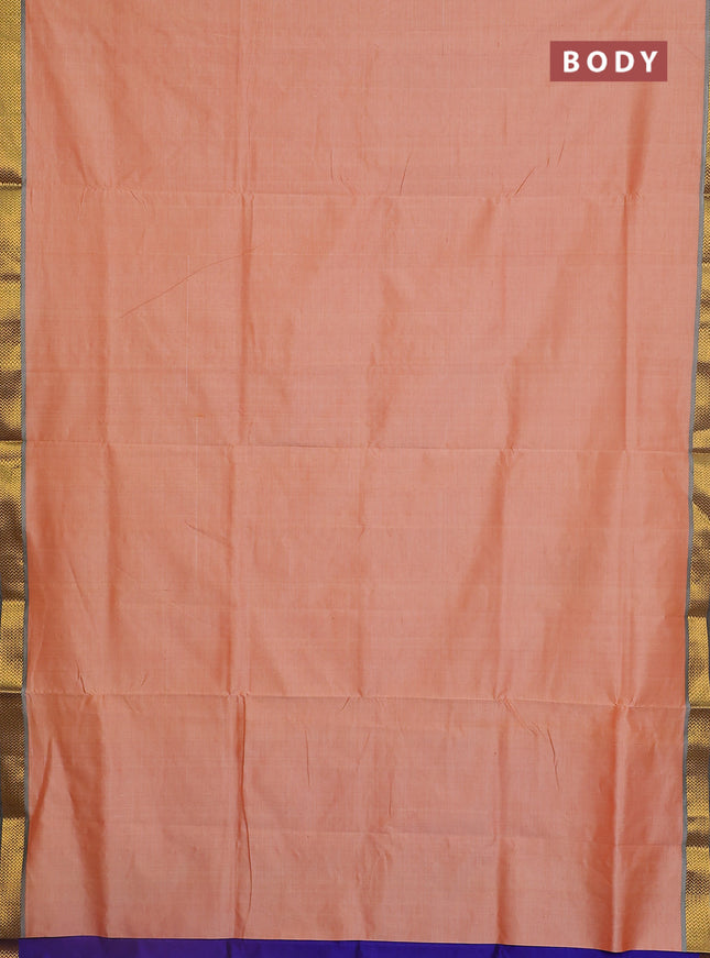 Semi silk cotton saree peach orange and blue with plain body and zari woven border