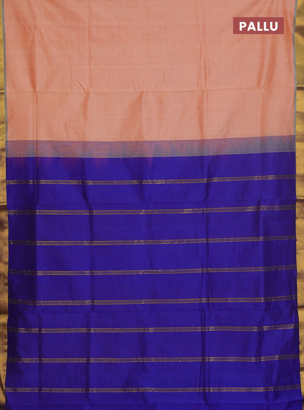 Semi silk cotton saree peach orange and blue with plain body and zari woven border