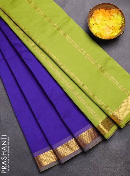 Semi silk cotton saree blue and light green with plain body and zari woven border