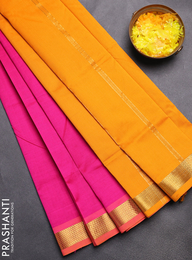 Semi silk cotton saree pink and mustard yellow with plain body and zari woven border