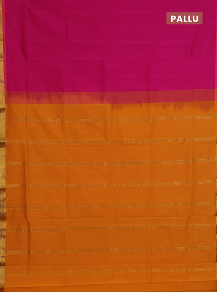 Semi silk cotton saree pink and mustard yellow with plain body and zari woven border