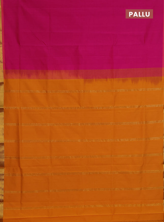 Semi silk cotton saree pink and mustard yellow with plain body and zari woven border