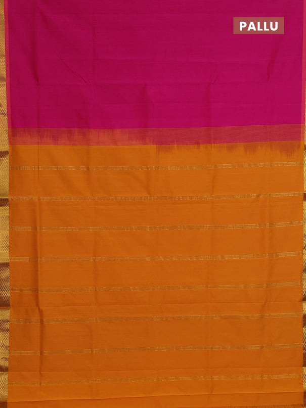 Semi silk cotton saree pink and mustard yellow with plain body and zari woven border