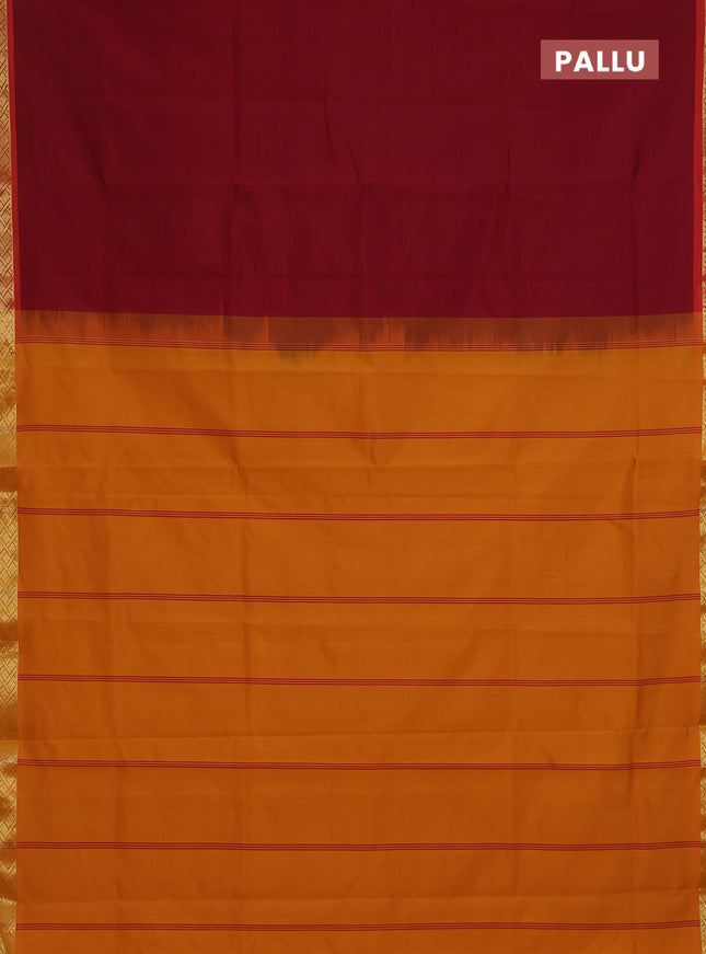 Semi silk cotton saree maroon and mustard yellow with plain body and zari woven border