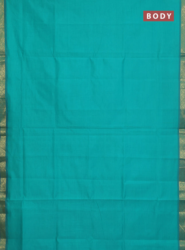 Semi silk cotton saree teal green and violet with plain body and zari woven border