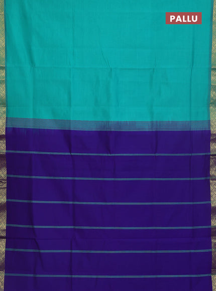 Semi silk cotton saree teal green and violet with plain body and zari woven border