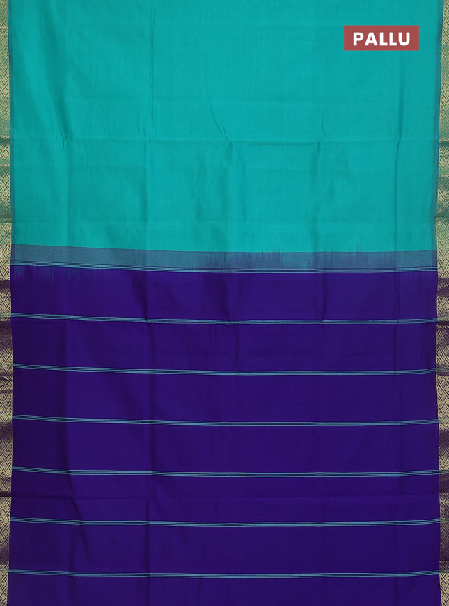 Semi silk cotton saree teal green and violet with plain body and zari woven border