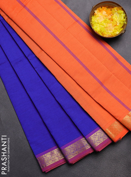 Semi silk cotton saree blue and orange with plain body and zari woven border