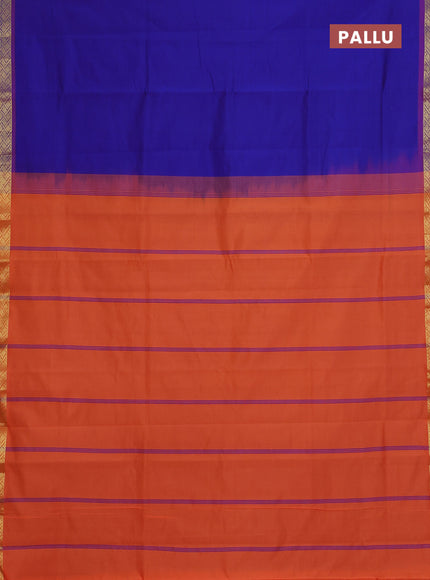 Semi silk cotton saree blue and orange with plain body and zari woven border