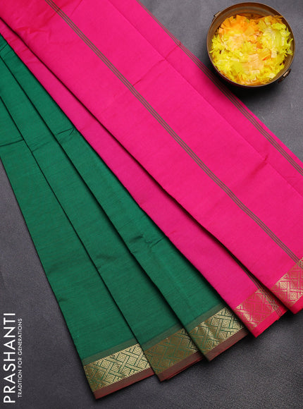 Semi silk cotton saree green and pink with plain body and zari woven border