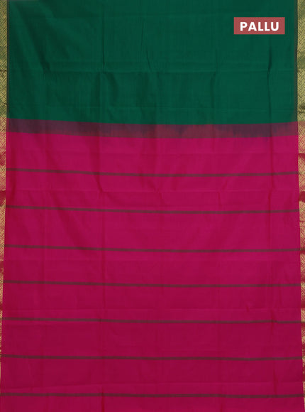 Semi silk cotton saree green and pink with plain body and zari woven border