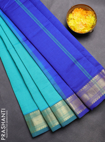 Semi silk cotton saree teal blue and blue with plain body and zari woven border