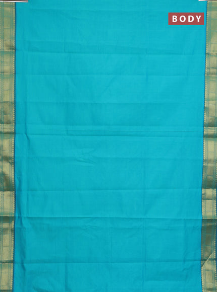 Semi silk cotton saree teal blue and blue with plain body and zari woven border