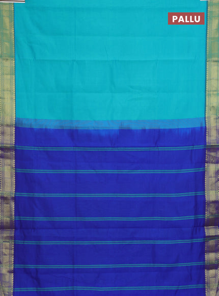 Semi silk cotton saree teal blue and blue with plain body and zari woven border