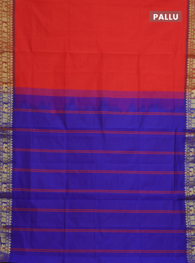 Semi silk cotton saree orange and blue with plain body and zari woven border