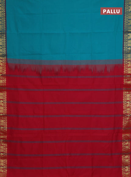 Semi silk cotton saree teal blue and red with plain body and zari woven border