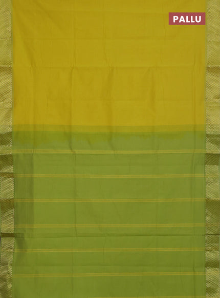 Semi silk cotton saree lime yellow and light green with plain body and zari woven border