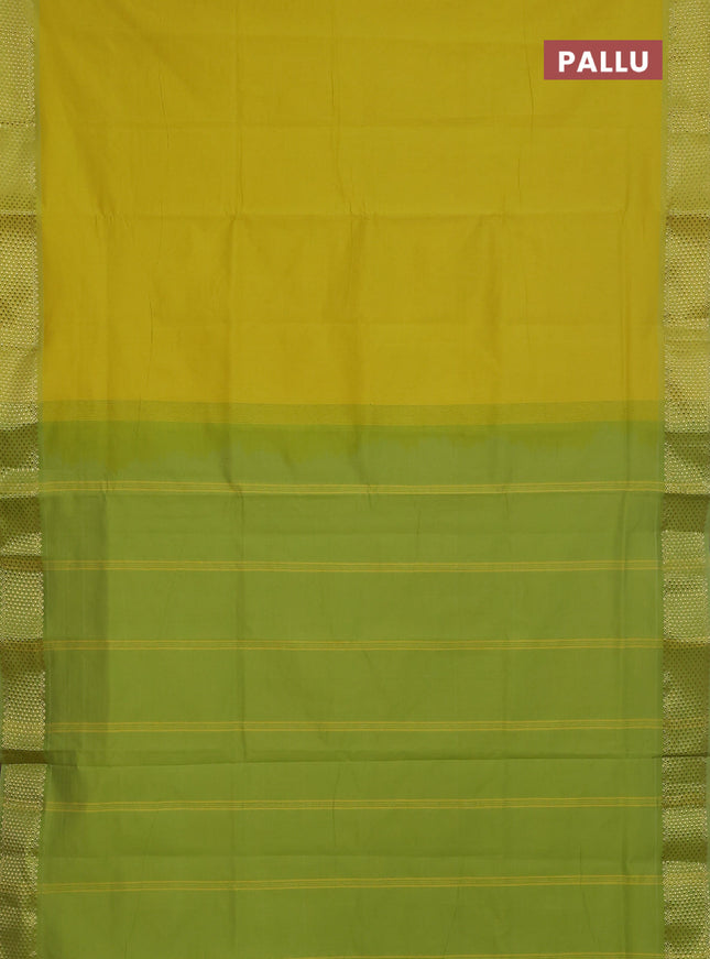 Semi silk cotton saree lime yellow and light green with plain body and zari woven border