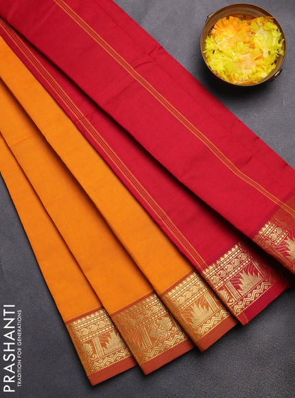 Semi silk cotton saree mango yellow and maroon with plain body and zari woven border