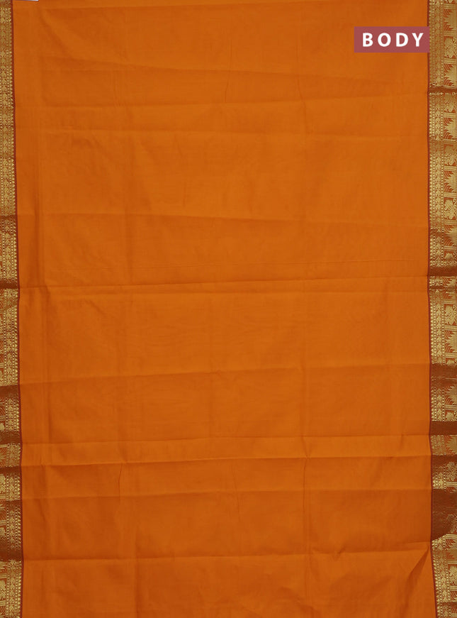 Semi silk cotton saree mango yellow and maroon with plain body and zari woven border