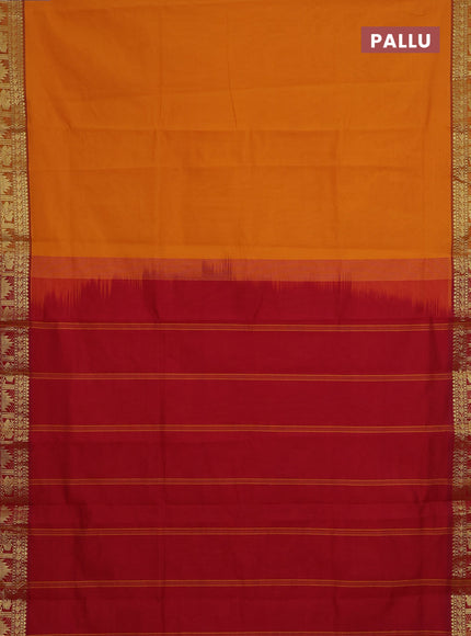 Semi silk cotton saree mango yellow and maroon with plain body and zari woven border