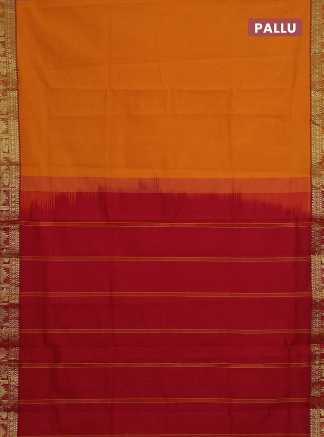 Semi silk cotton saree mango yellow and maroon with plain body and zari woven border