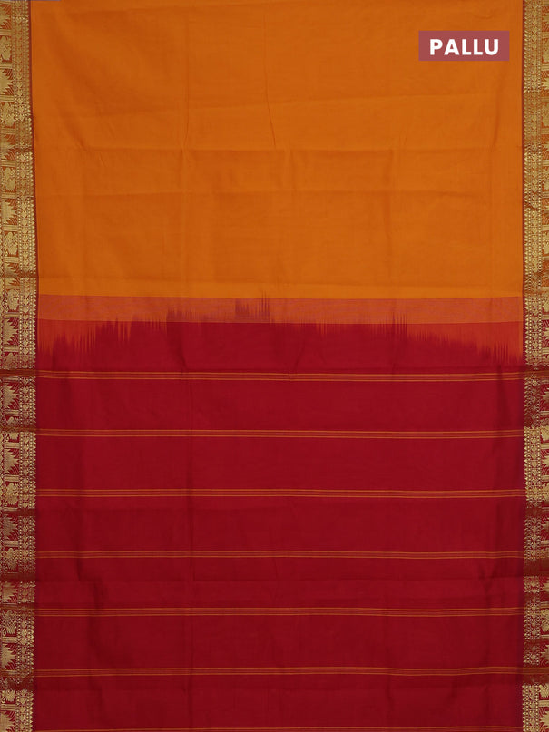 Semi silk cotton saree mango yellow and maroon with plain body and zari woven border