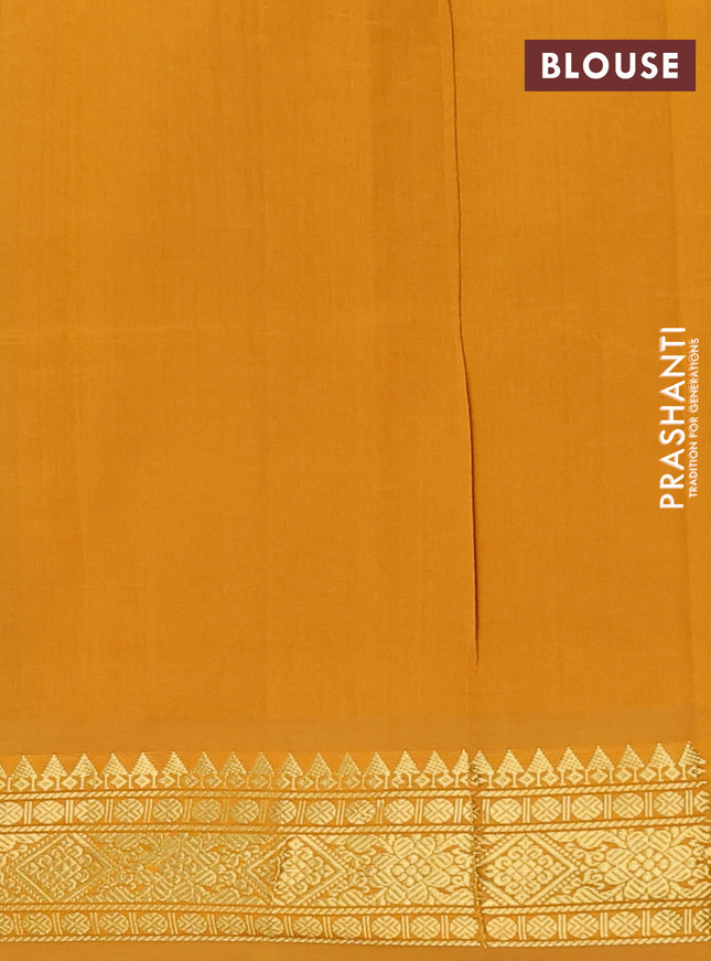 Semi silk cotton saree green and dark mustard with plain body and zari woven border