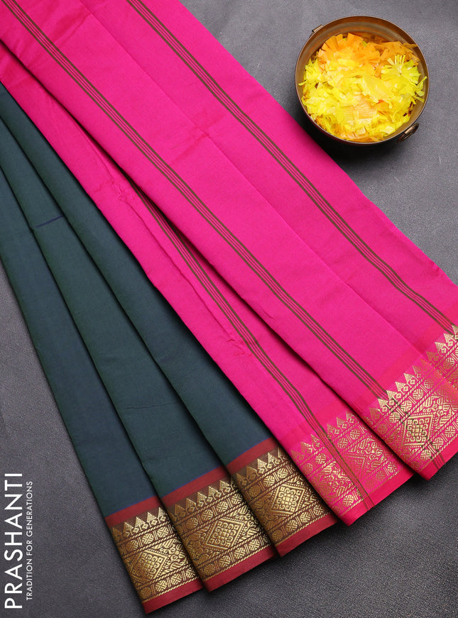 Semi silk cotton saree dual shade of sap green and pink with plain body and zari woven border