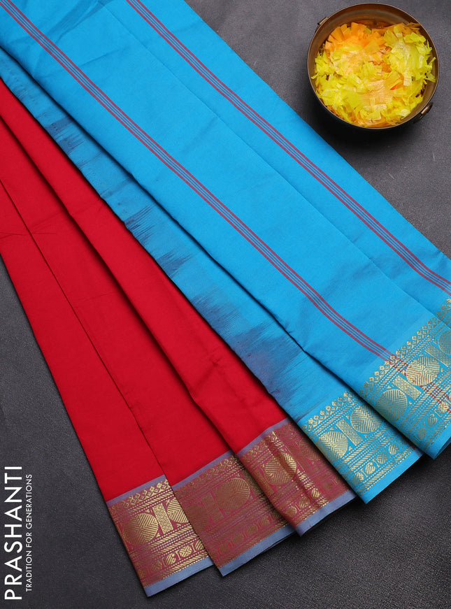 Semi silk cotton saree red and cs blue with plain body and zari woven border