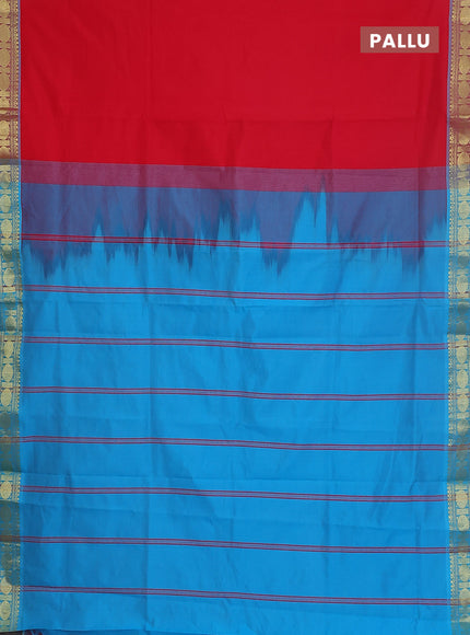 Semi silk cotton saree red and cs blue with plain body and zari woven border