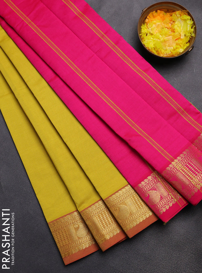 Semi silk cotton saree yellow and pink with plain body and zari woven border