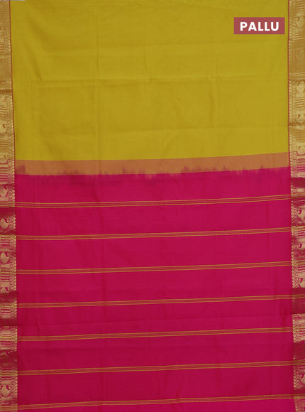 Semi silk cotton saree yellow and pink with plain body and zari woven border