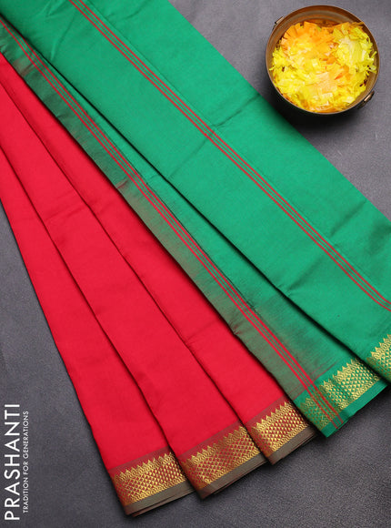 Semi silk cotton saree red and green with plain body and zari woven border