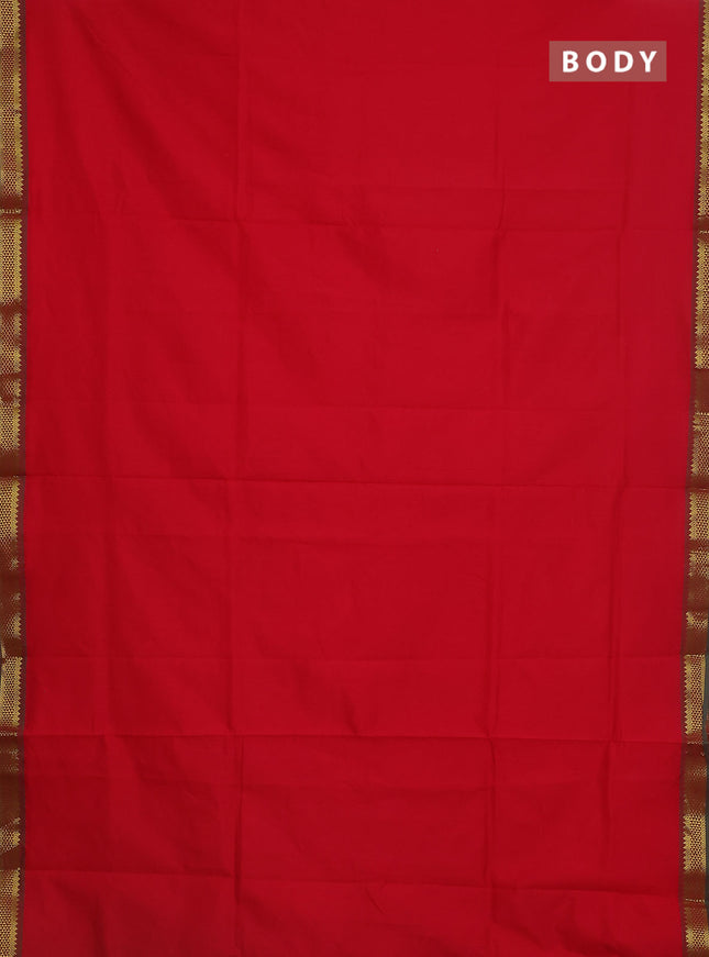 Semi silk cotton saree red and green with plain body and zari woven border