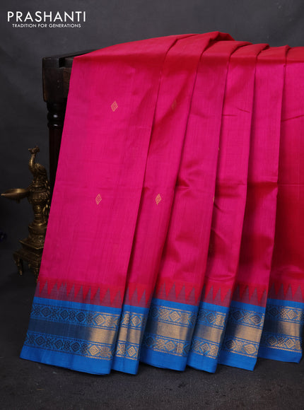 Silk cotton saree pink and cs blue with zari woven buttas and temple design zari woven korvai border