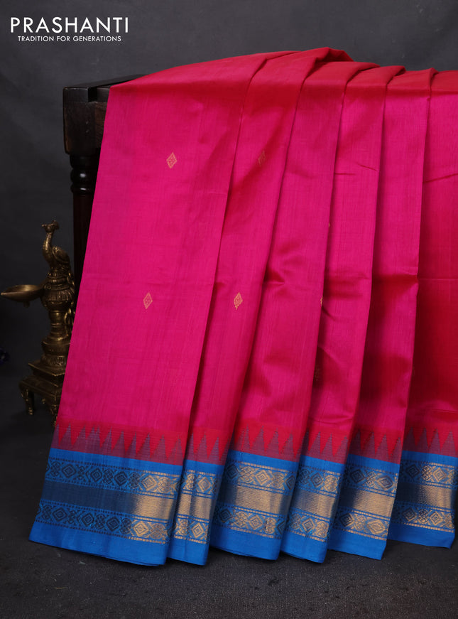 Silk cotton saree pink and cs blue with zari woven buttas and temple design zari woven korvai border