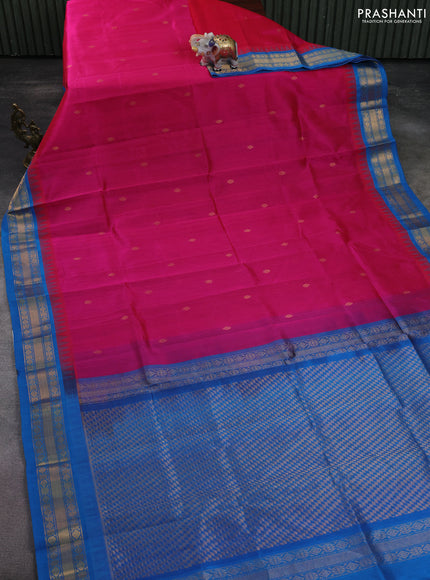 Silk cotton saree pink and cs blue with zari woven buttas and temple design zari woven korvai border