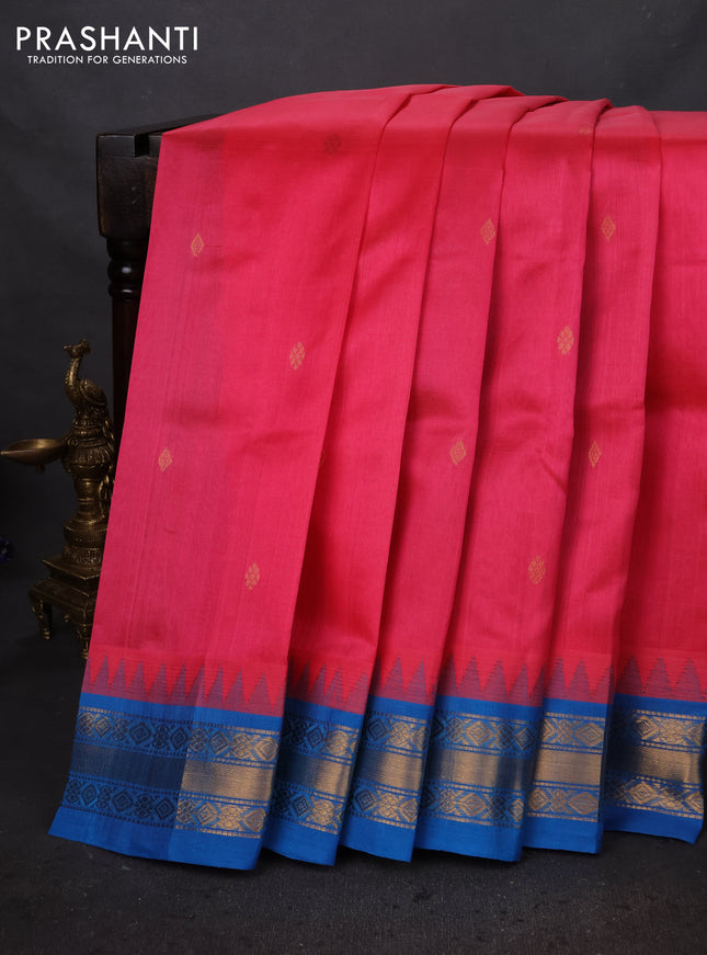 Silk cotton saree candy pink and cs blue with zari woven buttas and temple design zari woven korvai border