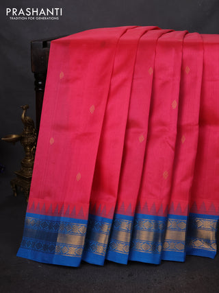Silk cotton saree candy pink and cs blue with zari woven buttas and temple design zari woven korvai border